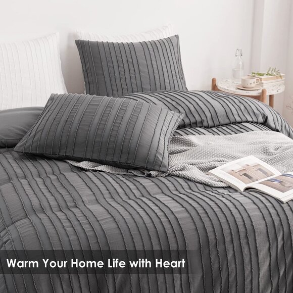 Boho Duvet Cover Striped Textured Duvet Cover Set Tufted Bedding Set  Gray - Picture 9 of 9